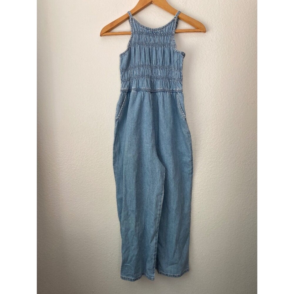 Abercrombie Kids 11/12 Light Wash Smocked Denim Jumpsuit Wide Leg 100% Cotton